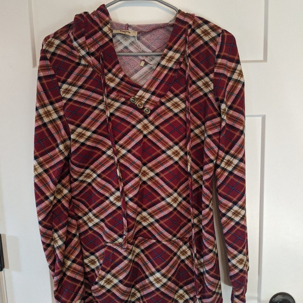 Red and brown plaid shirt with hood